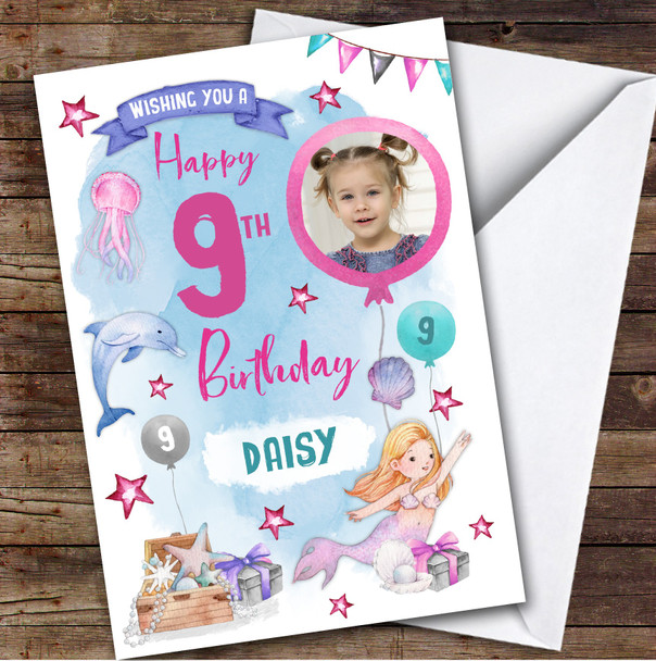 Girl's Mermaid Dolphin Photo 9th Birthday Personalized Birthday Card