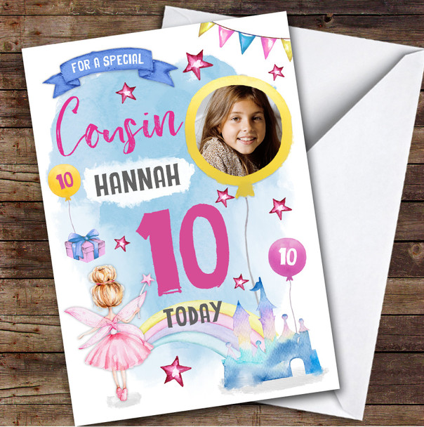 Girl's Fairy Magical Rainbow Castle Photo Cousin 10th Birthday Personalized Card