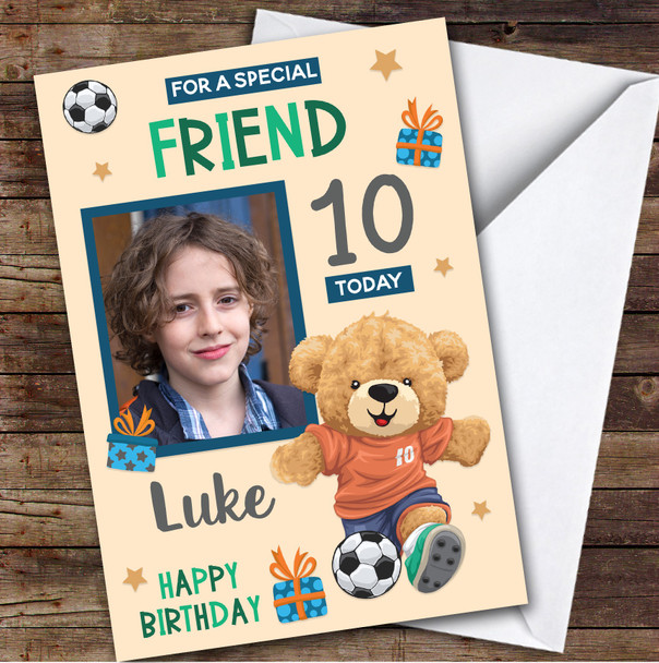 Boy's Football Bear Orange Photo Friend 10th Birthday Personalized Birthday Card