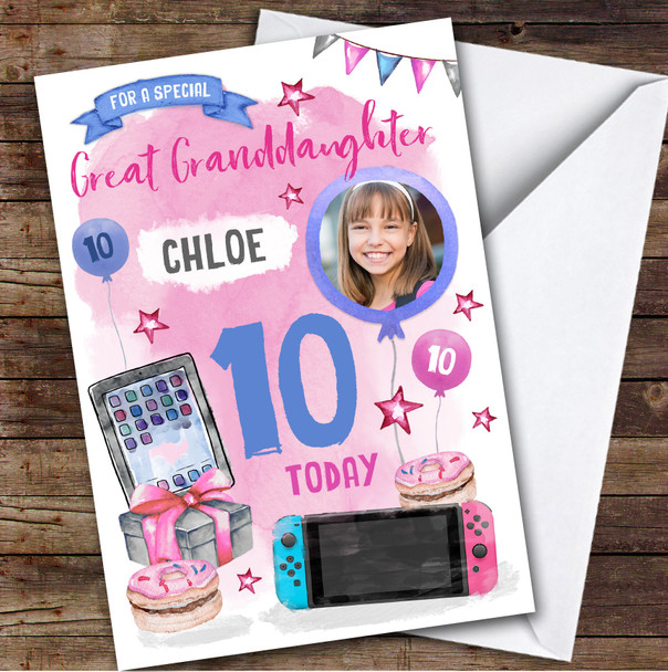 Girl's Gamer Gaming Photo Great Granddaughter 10th Birthday Personalized Card