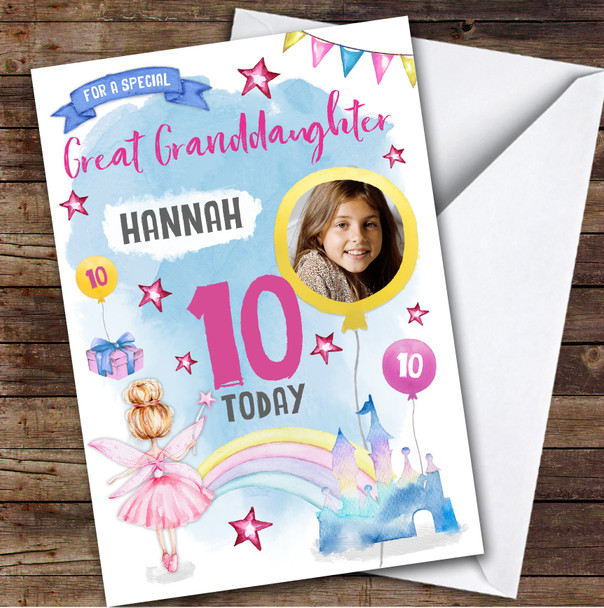 Girl's Fairy Castle Photo Great Granddaughter 10th Birthday Personalized Card Girl's Fairy Castle Photo Great Granddaughter 10th Birthday Personalized Card