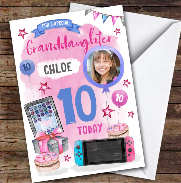 Girl's Gamer Gaming Donut Photo Granddaughter 10th Birthday Personalized Card