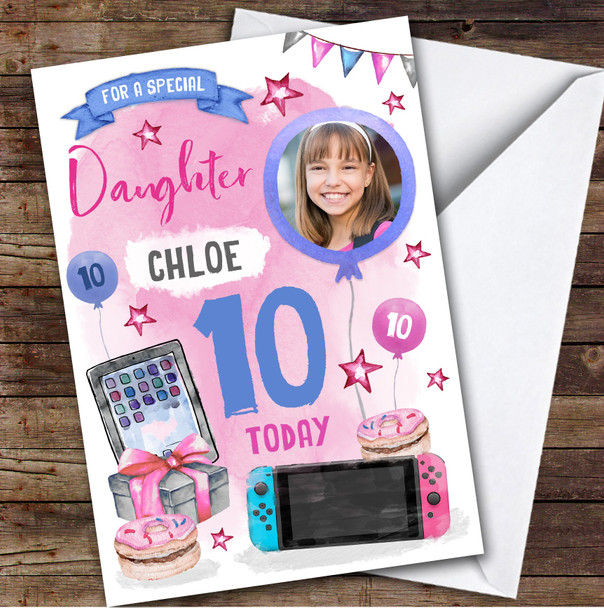 Girl's Tech Gamer Gaming Donut Photo Daughter 10th Birthday Personalized Card