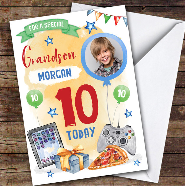 Boy's Gaming Online Tech Pizza Photo Grandson 10th Birthday Personalized Card