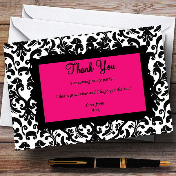 Pink, Black & White Damask Personalized Party Thank You Cards