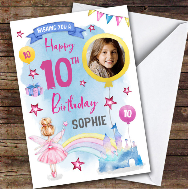 Girl's Fairy Magical Rainbow Castle Photo 10th Birthday Personalized Card
