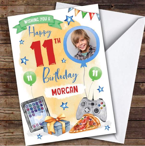 Boy's Gaming Online Tech Pizza Photo 11th Birthday Personalized Birthday Card
