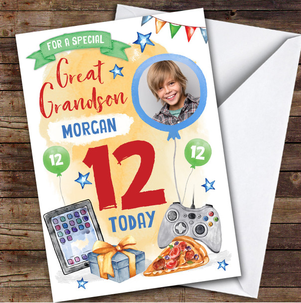 Boy's Gaming Tech Pizza Photo Great Grandson 12th Birthday Personalized Card