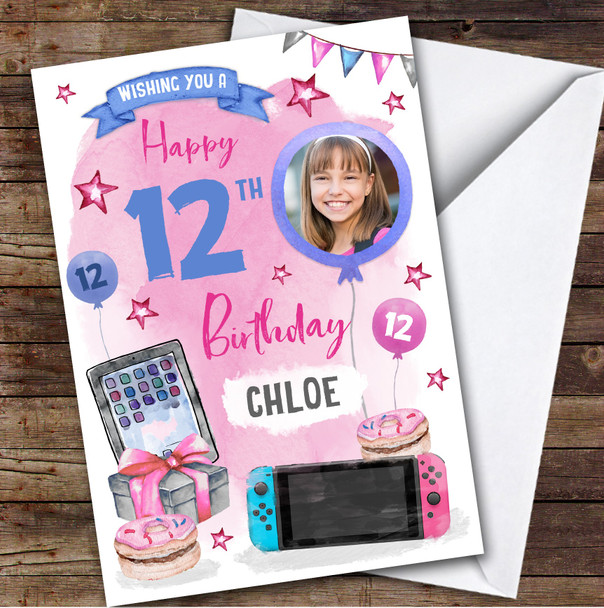 Girl's Tech Online Gamer Gaming Donut Photo 12th Birthday Personalized Card