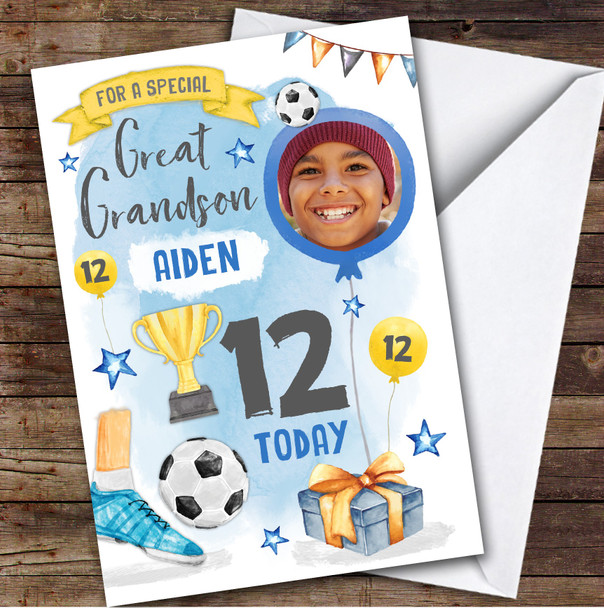 Boy's Football Sport Photo Great Grandson 12th Birthday Personalized Card