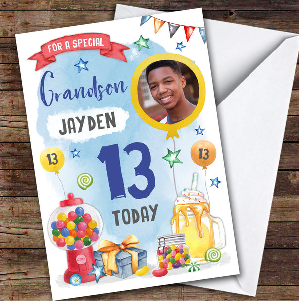 Boy's Sweets Party Food Milkshake Photo Grandson 13th Birthday Personalized Card