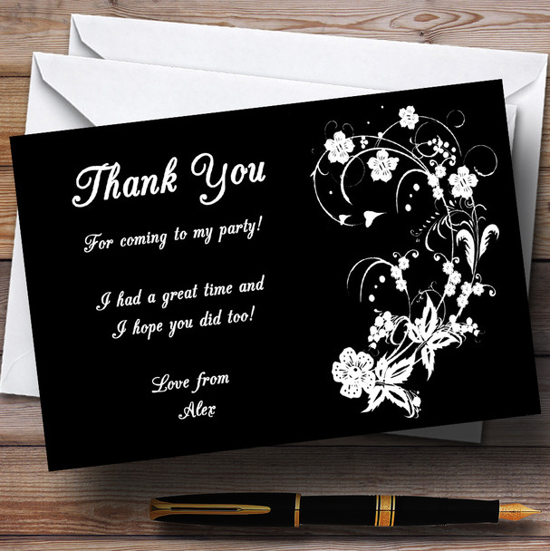 Black White Floral Personalized Party Thank You Cards