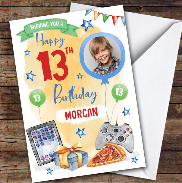 Boy's Gaming Online Tech Pizza Photo 13th Birthday Personalized Birthday Card