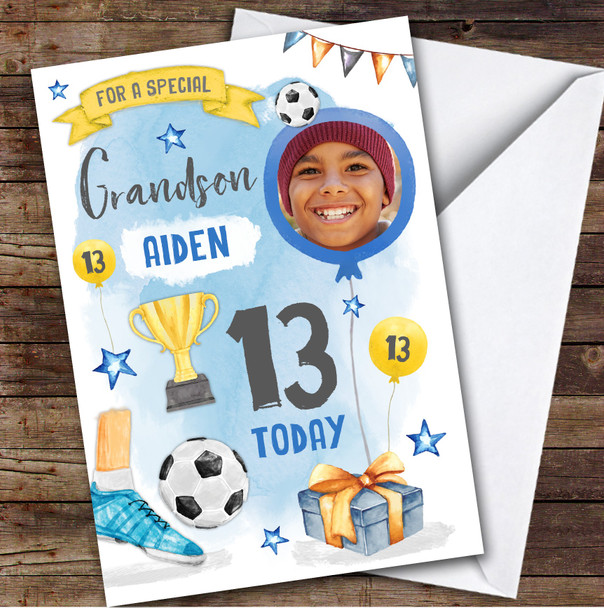 Boy's Football Sport Photo Grandson 13th Birthday Personalized Birthday Card