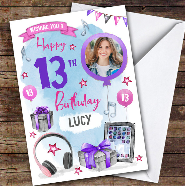 Boy's Music Headphones Online Photo 13th Birthday Personalized Birthday Card