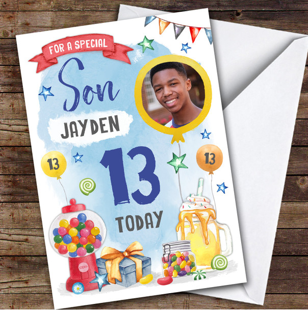 Boy's Sweets Party Food Milkshake Photo Son 13th Birthday Personalized Card