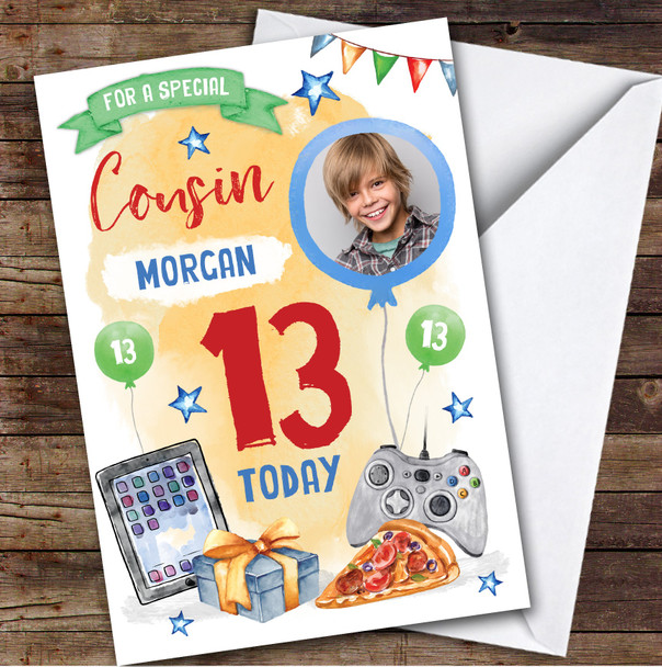 Boy's Gaming Online Tech Pizza Photo Cousin 13th Birthday Personalized Card