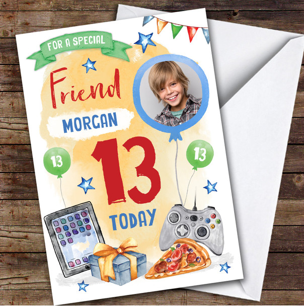 Boy's Gaming Online Tech Pizza Photo Friend 13th Birthday Personalized Card