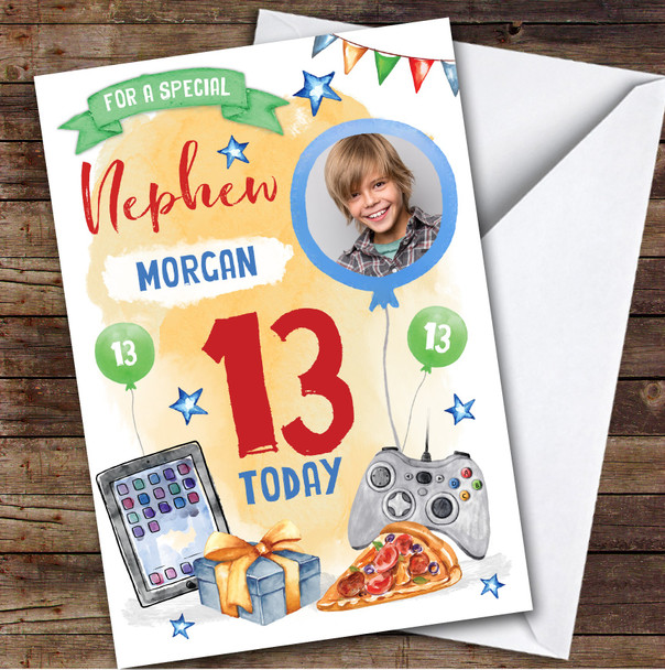 Boy's Gaming Online Tech Pizza Photo Nephew 13th Birthday Personalized Card