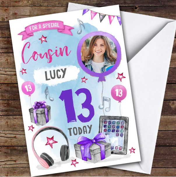 Boy's Music Headphones Online Photo Cousin 13th Birthday Personalized Card
