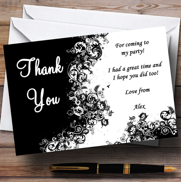 Black White Swirls Personalized Party Thank You Cards