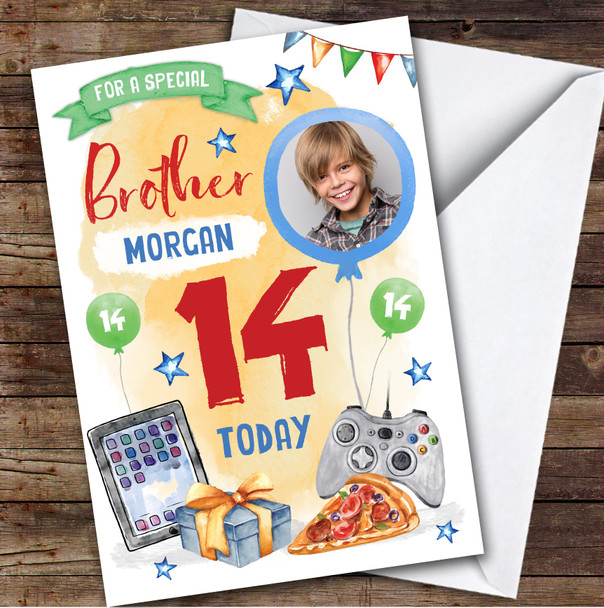 Boy's Gaming Online Tech Pizza Photo Brother 14th Birthday Personalized Card