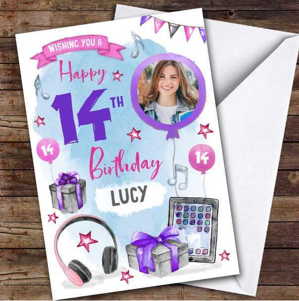 Boy's Music Headphones Online Photo 14th Birthday Personalized Birthday Card