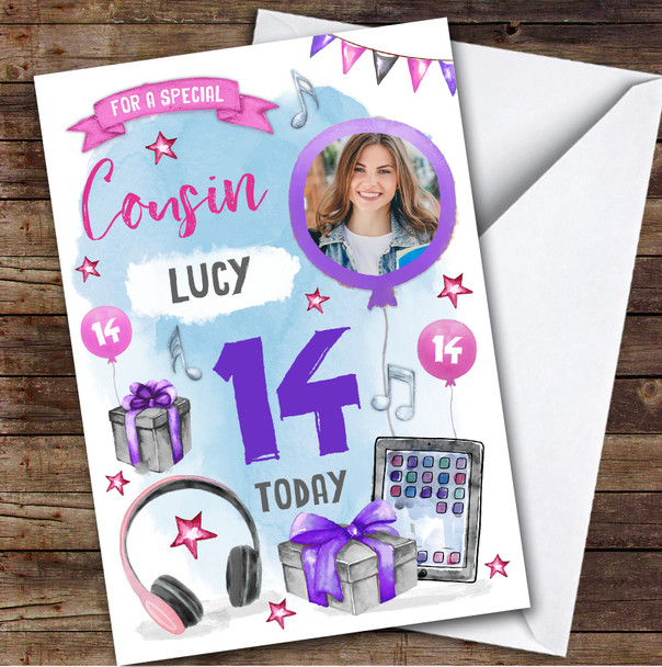 Boy's Music Headphones Online Photo Cousin 14th Birthday Personalized Card