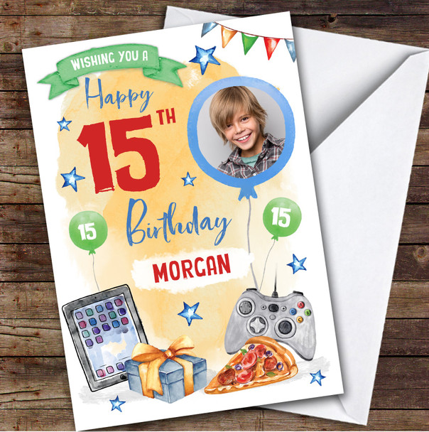 Boy's Gaming Online Tech Pizza Photo 15th Birthday Personalized Birthday Card