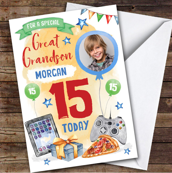 Boy's Gaming Tech Pizza Photo Great Grandson 15th Birthday Personalized Card