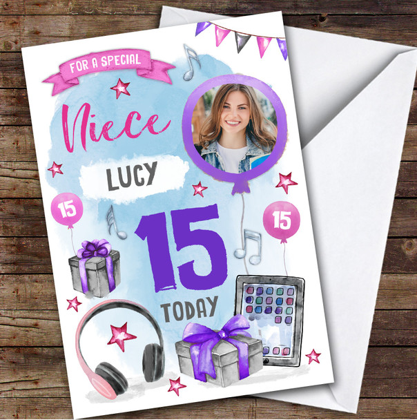 Girl's Music Headphones Online Photo Niece 15th Birthday Personalized Card