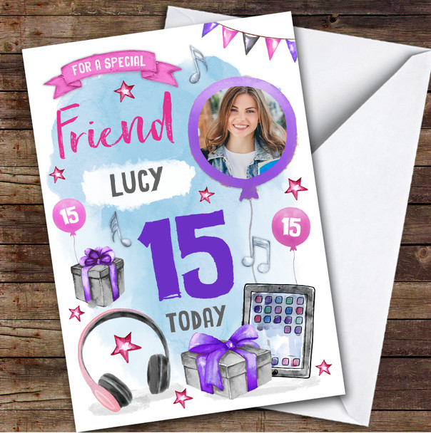 Boy's Music Headphones Online Photo Friend 15th Birthday Personalized Card