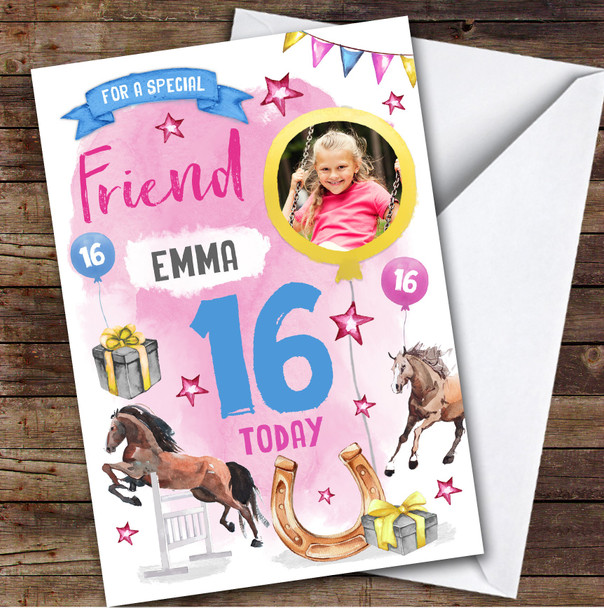 Girl's Horse Riding Animal Lover Photo Friend 16th Birthday Personalized Card