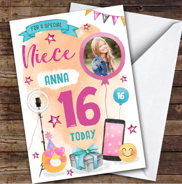 Girl's Phone Tech Selfie Emoji Photo Niece 16th Birthday Personalized Card