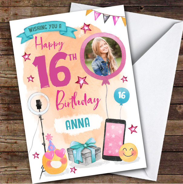Boy's Phone Tech Online Selfie Emoji Photo 16th Birthday Personalized Card