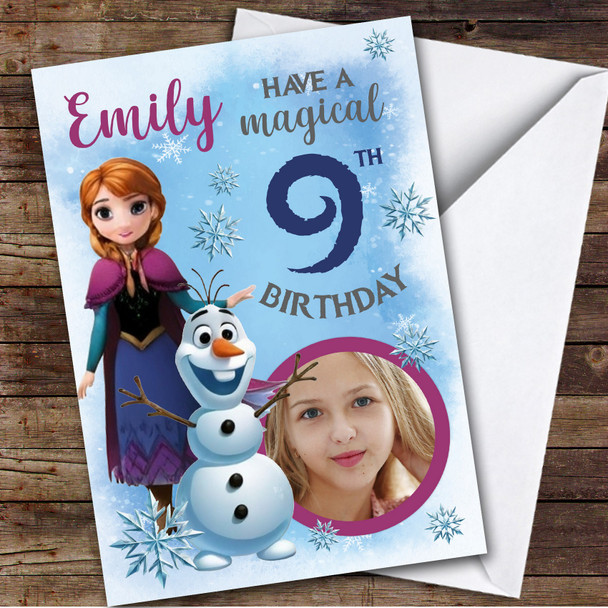 Anna Olaf Frozen Blue Ice Photo Any Age Personalized Kid's Birthday Card