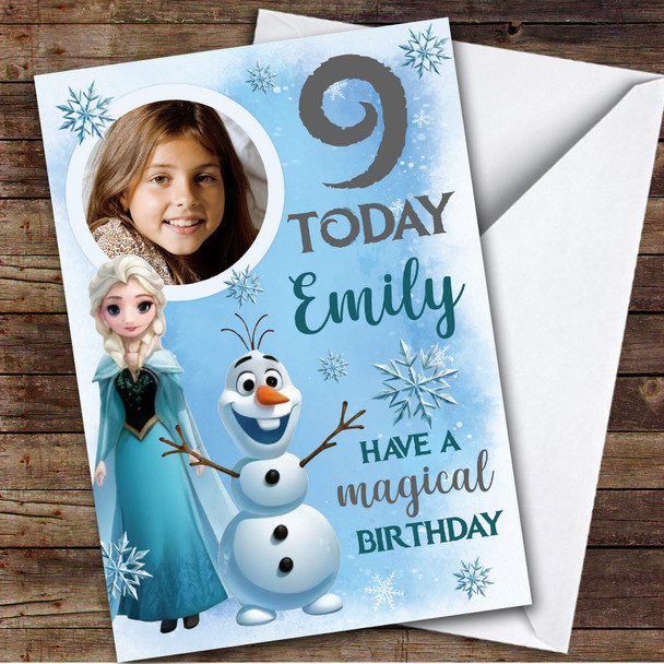 Elsa Frozen Olaf Snowman Photo Any Age Children's Personalized Kid's Birthday Card