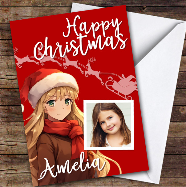 Anime Girl's Pink Purple Photo Custom Kids Personalized Christmas Holiday Card