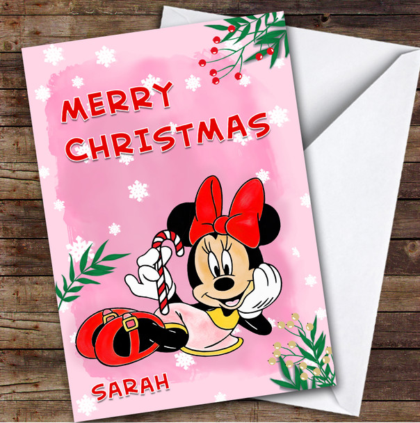 Minnie Mouse Pink Flower Custom Kids Personalized Christmas Holiday Card