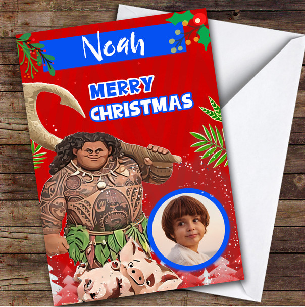 Moana Maui Sea Blue Photo Custom Kids Personalized Christmas Holiday Card