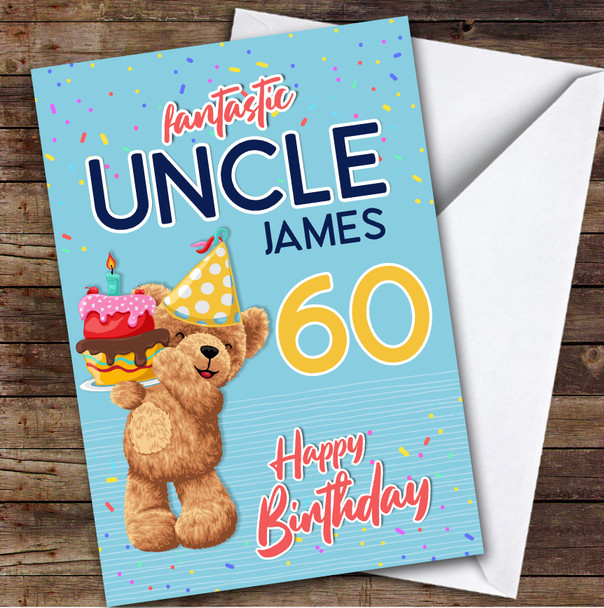 Personalized Uncle 60th Teddy Bear Birthday Card Cake