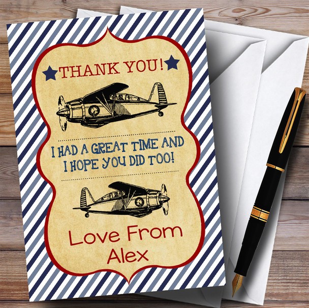 Blue Stripes Vintage Plane Party Thank You Cards