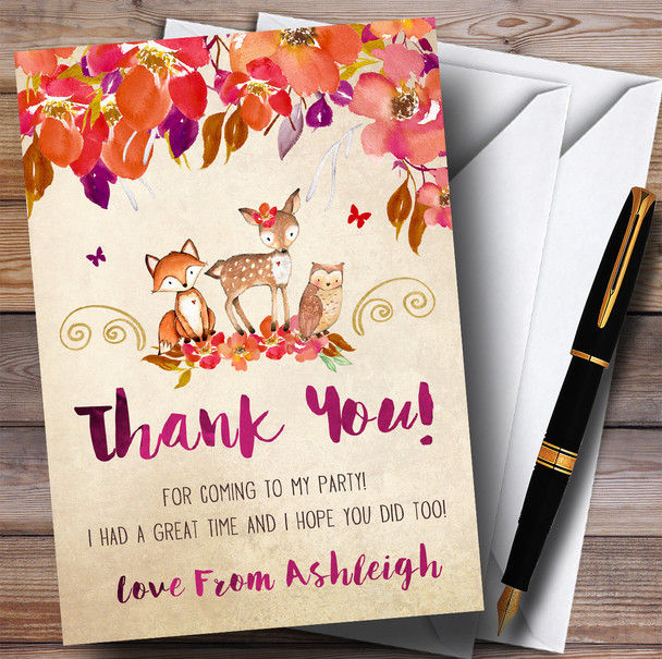 Bright Floral Woodland Forest Animals Fox Party Thank You Cards