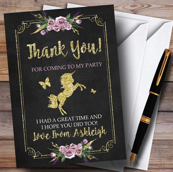 Chalk & Gold Floral Unicorn Party Thank You Cards