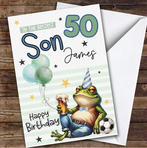 Personalized 50th Birthday Card Son Frog With Beer