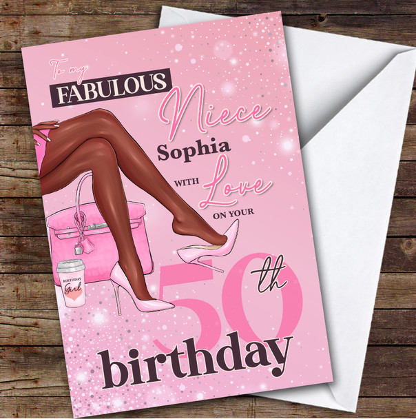 Personalized Niece 50th Birthday Card Dark Skin Legs Pink Heels