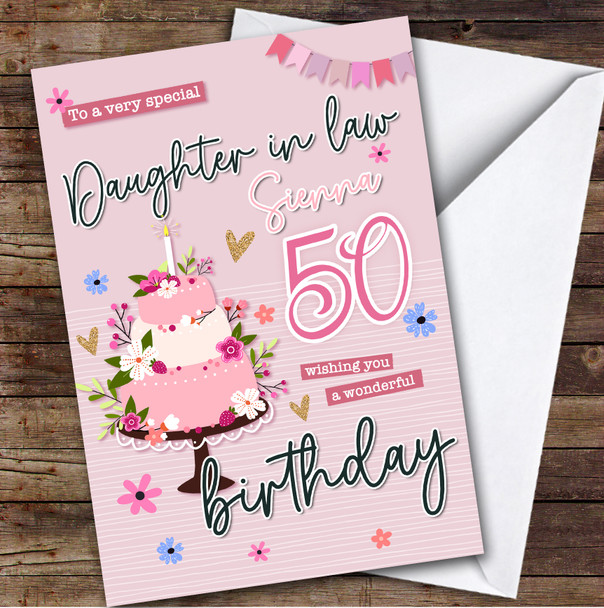 Personalized Daughter-In-Law 50th Birthday Card Pink Birthday Card Cake