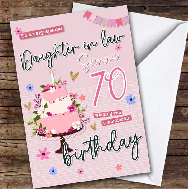 Personalized Daughter-In-Law 70th Birthday Card Pink Birthday Card Cake