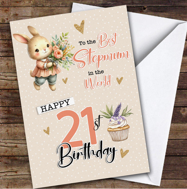 Personalized Stepmum 21st Birthday Card Bunny With Flowers
