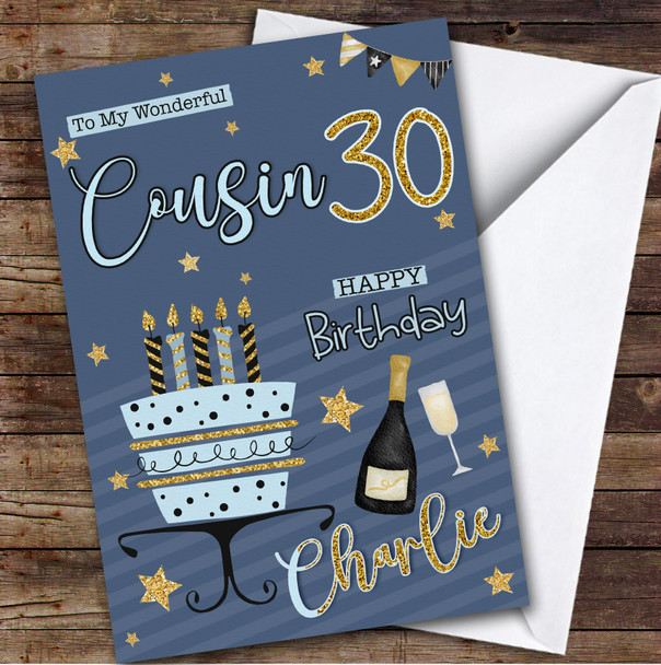 Personalized Male Cousin 30th Blue Gold Birthday Card Cake